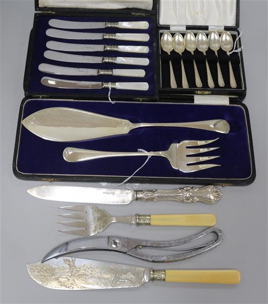 A set of six silver coffee spoons, two pairs of plated fish eaters and sundries